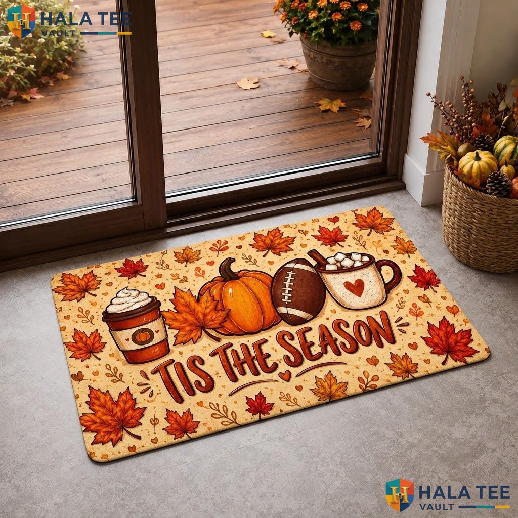 Tis The Season Halloween Doormat Pumpkin Cat Faux Coir Fall Front Porch Rug