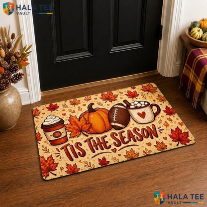 Tis The Season Halloween Front door mat Pumpkin Cat Faux Coir Fall Front Porch Rug