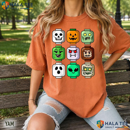 Toy Block Head Pumpkin Ghost Retro Style T-Shirt Halloween Zombie