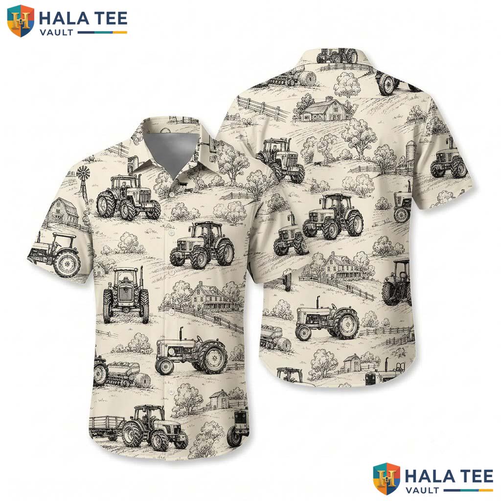 Tractor Sketch Farm Life Hawaiian Shirt Mens Aloha Button Down Summer