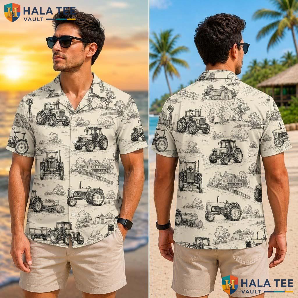 Tractor Sketch Farm Life Tropical Shirt Mens Aloha Button Down Summer