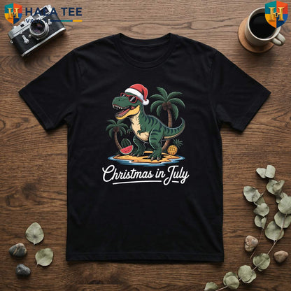 TRex Dinosaur Christmas July TShirt Boys Toddler Summer Holiday Party Outfit