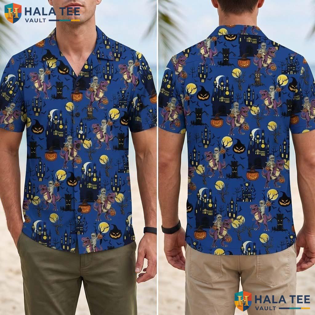 TRex Mummy Halloween Hawaiian Shirt Dinosaur Haunted House Aloha Top Adult
