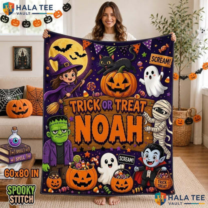 Trick Or Treat Halloween Blanket Custom Name Cute Kids Spooky Throw