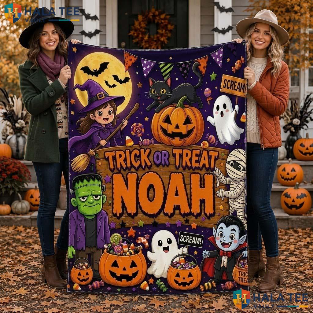 Trick Or Treat Halloween Blanket Custom Name Cute Kids Spooky Throw