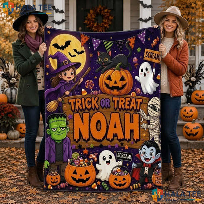Trick Or Treat Halloween Blanket Custom Name Cute Kids Spooky Throw