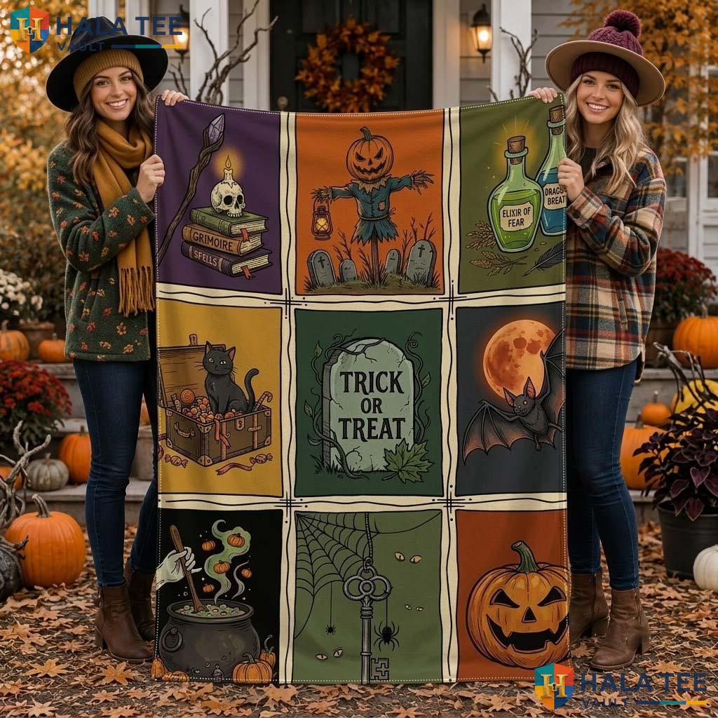 Trick Or Treat Halloween Throw Playful Patchwork Spooky Element Decor Blanket