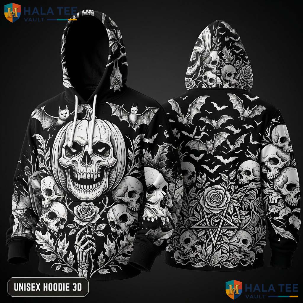 Trippy Floral Skull Bat 3D Hoodie Gothic Skeleton Graphic Streetwear