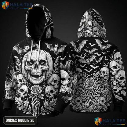 Trippy Floral Skull Bat 3D Hoodie Gothic Skeleton Graphic Streetwear