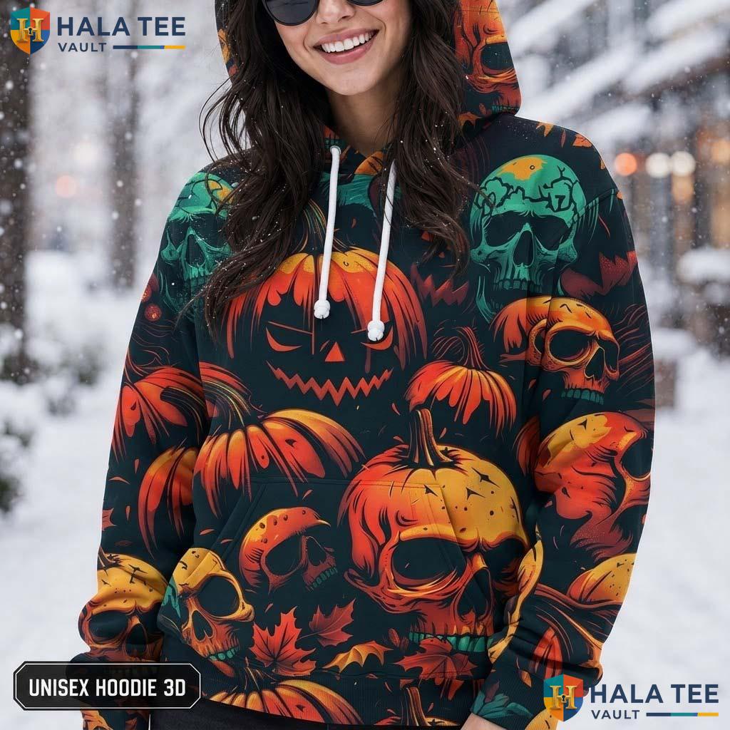 Trippy Floral Skull Pumpkin 3D Printed Hoodie Spooky Graphic Halloween Apparel