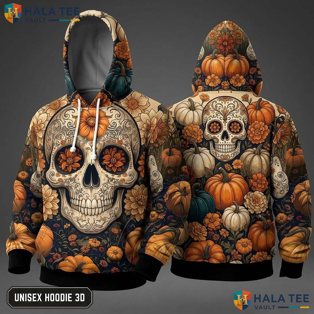 Trippy Pumpkin Floral Skull 3D Hoodie Vintage Skeleton Halloween Wear