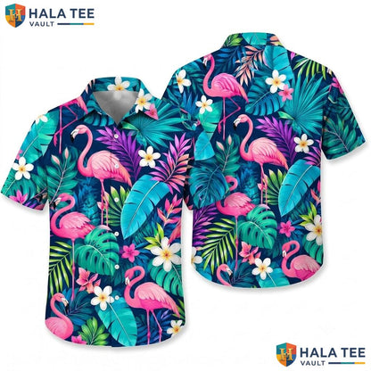 Tropical Flamingo Hawaiian Shirt Vibrant Green Casual Beach Vacation Top