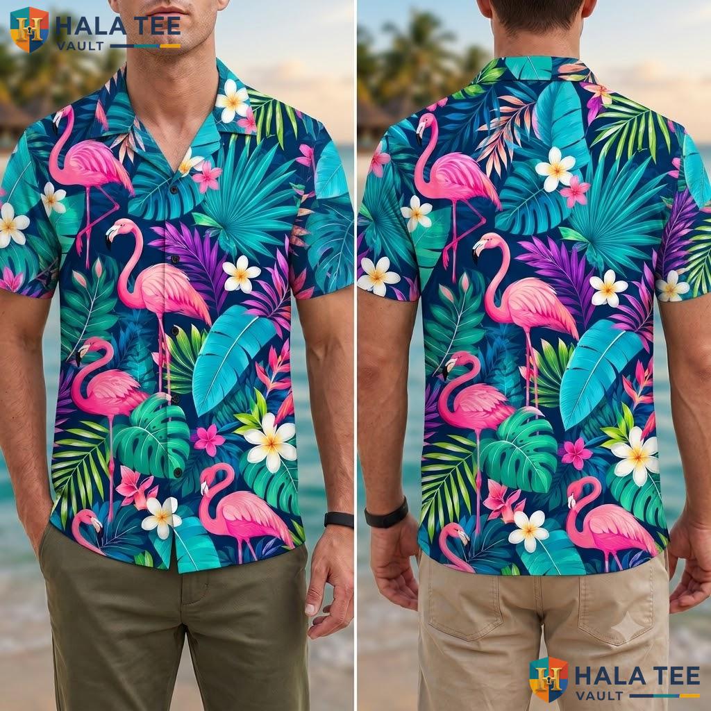 Tropical Flamingo Hawaiian Shirt Vibrant Green Casual Beach Vacation Top Adult