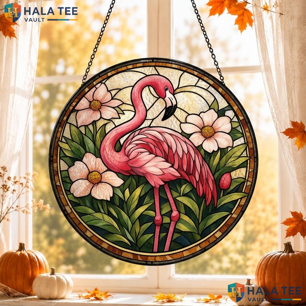 Tropical Flamingo Stained Glass Suncatcher, Pink Flamingo With Green Foliage And White Flowers