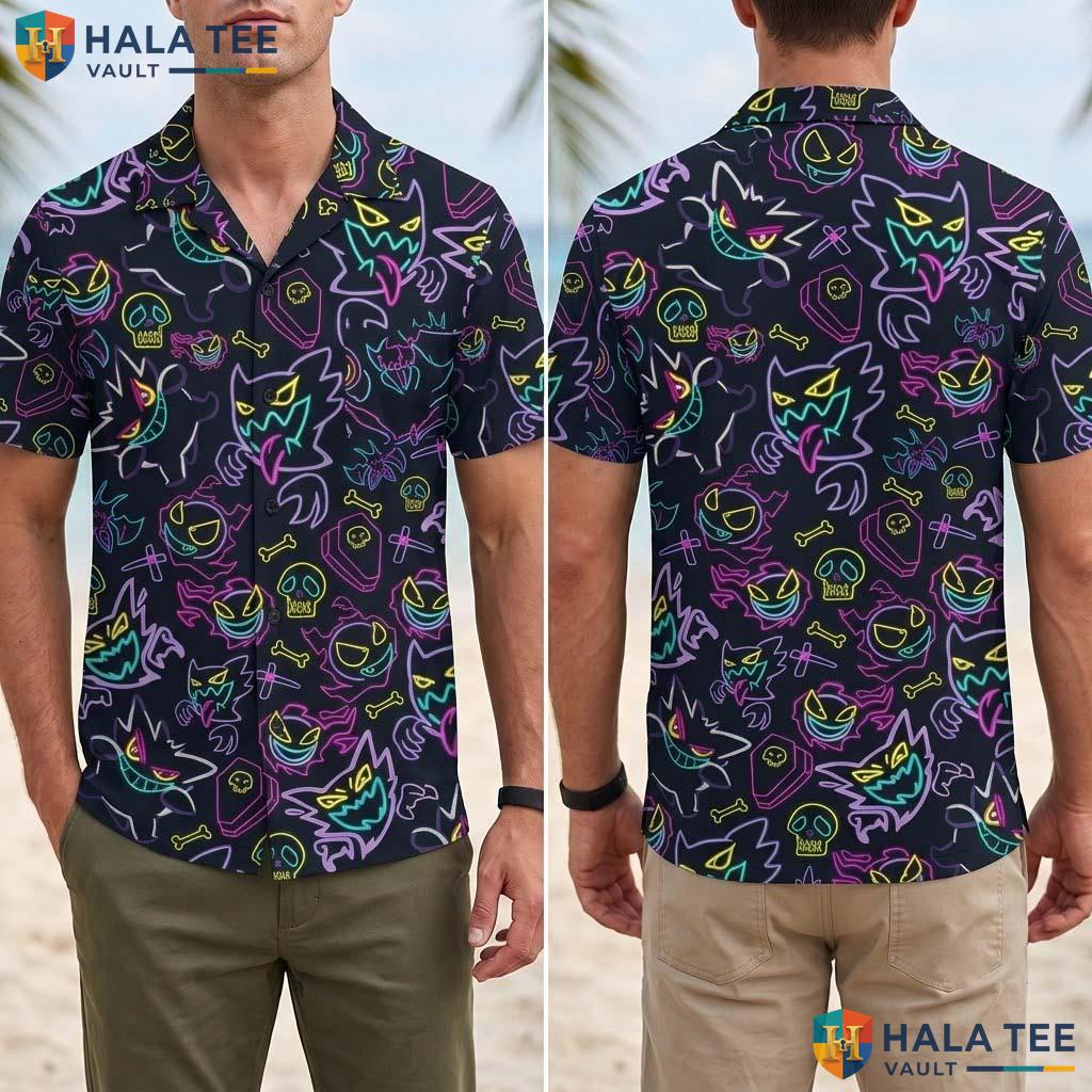 Tropical Ghost Halloween Hawaiian Shirt Neon Beach Summer Aloha Top Adult