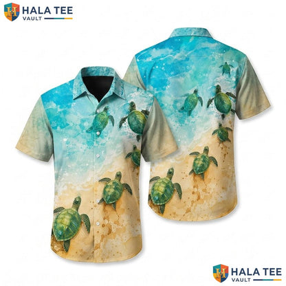 Tropical Sea Turtle Aloha Shirt Vibrant Beach Scene Mens Button Down Top