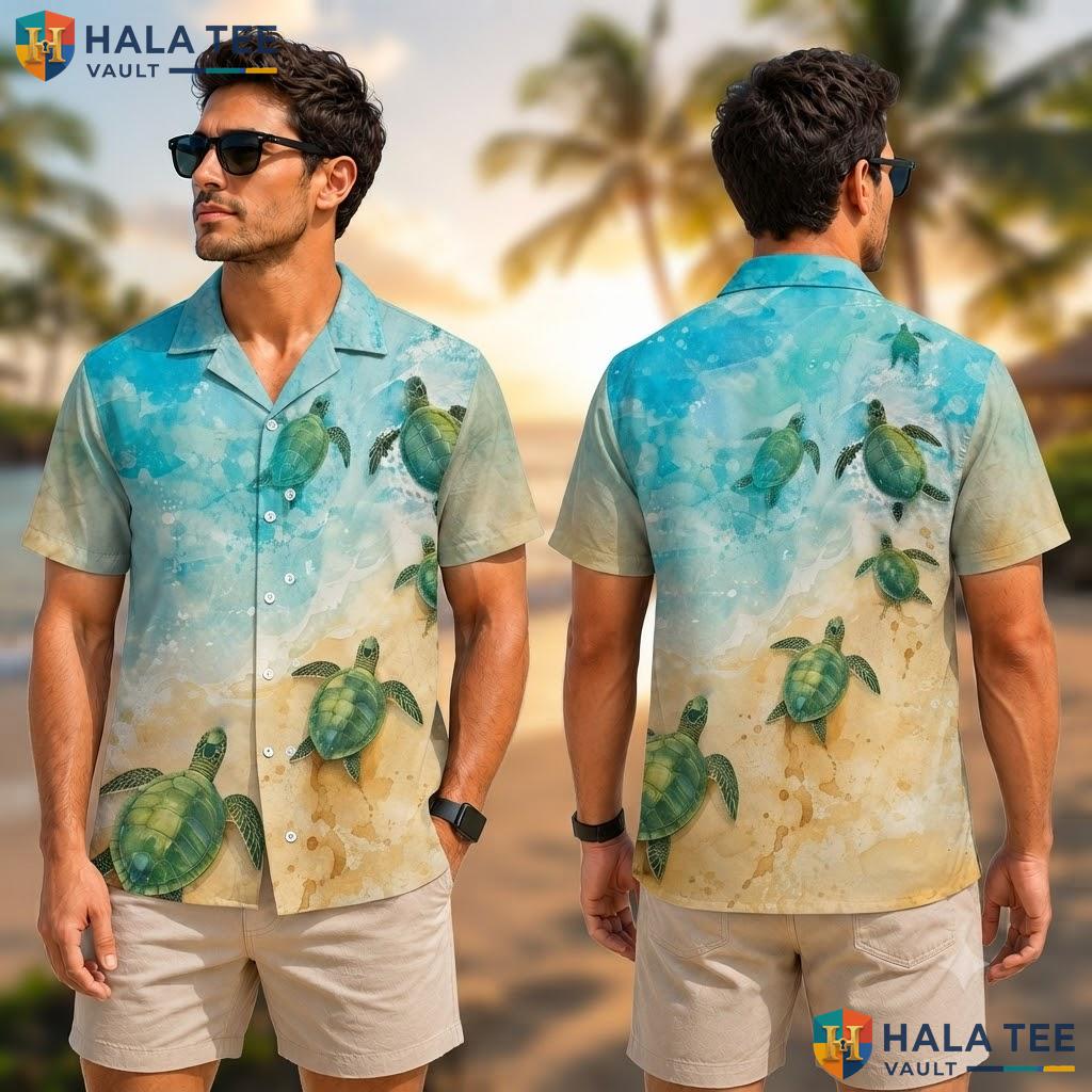 Tropical Sea Turtle Aloha Shirt Vibrant Beach Scene Mens Button Down Top Adult