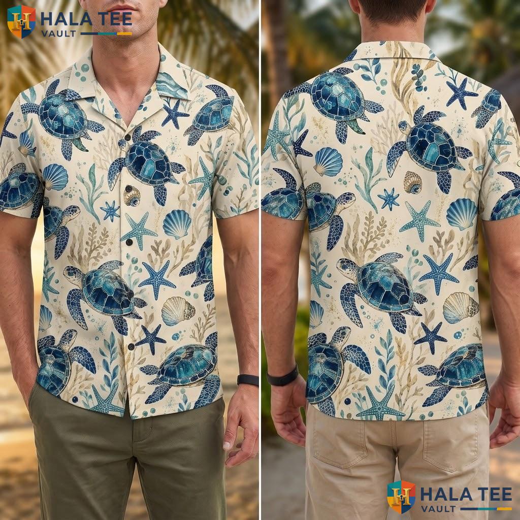 Tropical Sea Turtle Aloha Shirt Vibrant Mens Button Down Beach Party Apparel Adult