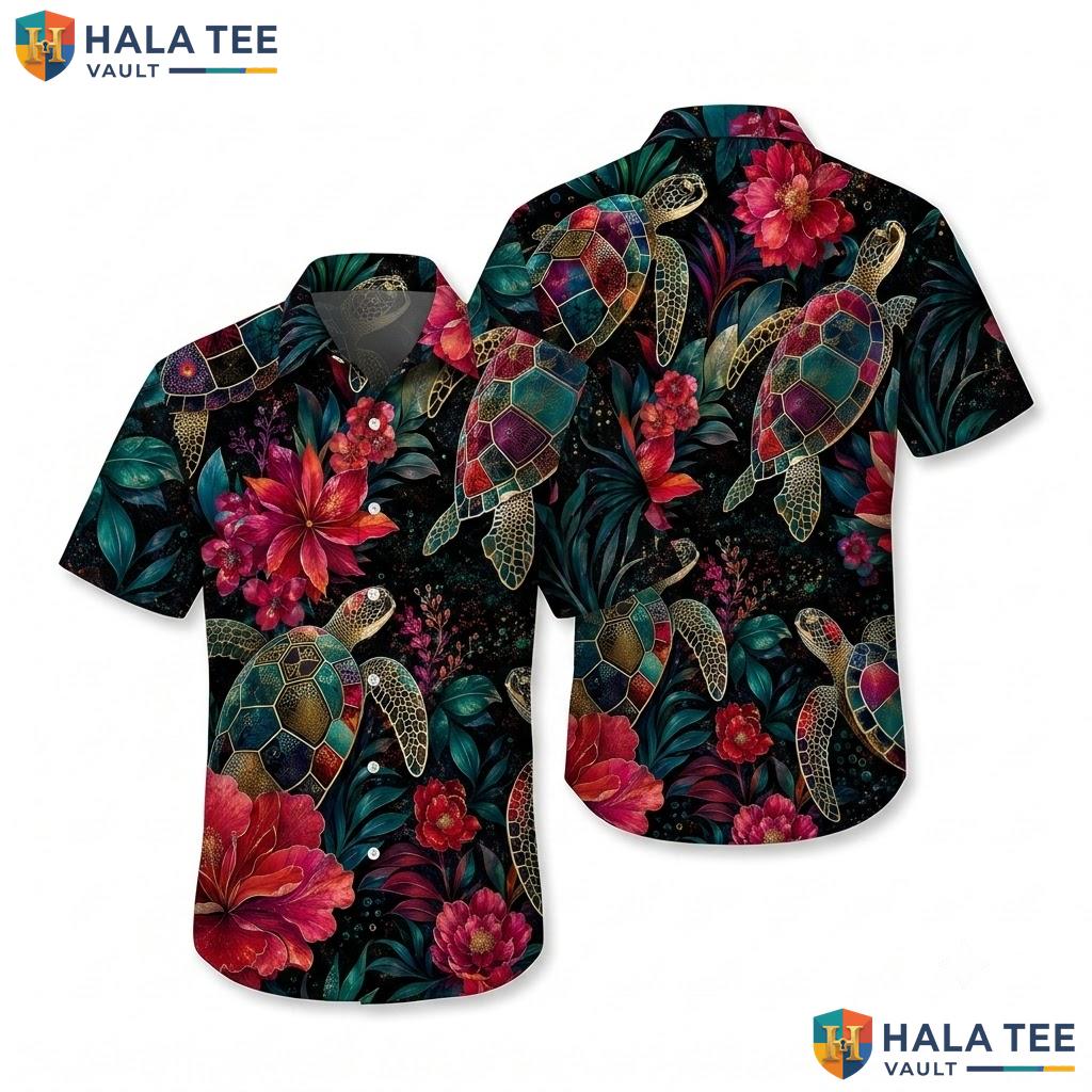 Tropical Sea Turtle Hawaiian Shirt Vibrant Colorful Flower Beach Wear Top