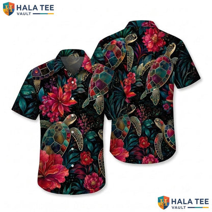 Tropical Sea Turtle Hawaiian Shirt Vibrant Colorful Flower Beach Wear Top
