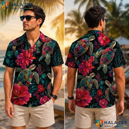 Tropical Sea Turtle Hawaiian Shirt Vibrant Colorful Flower Beach Wear Top Adult