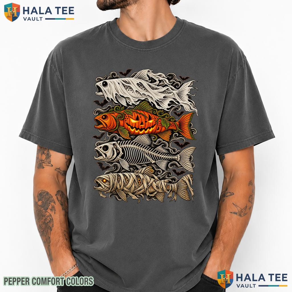 Trout Fish Ghost Pumpkin Comfort Colors T-Shirt Skeleton Halloween Top