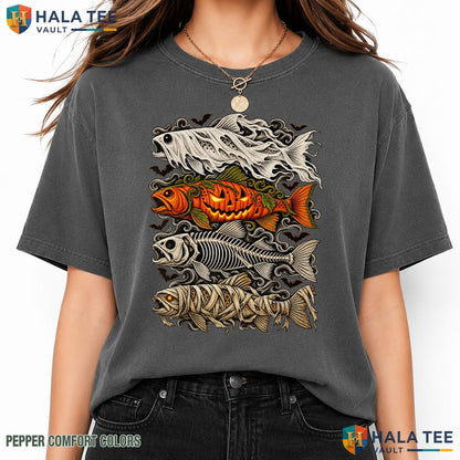 Trout Fish Ghost Pumpkin Garment-Dyed T-Shirt Skeleton Halloween Top