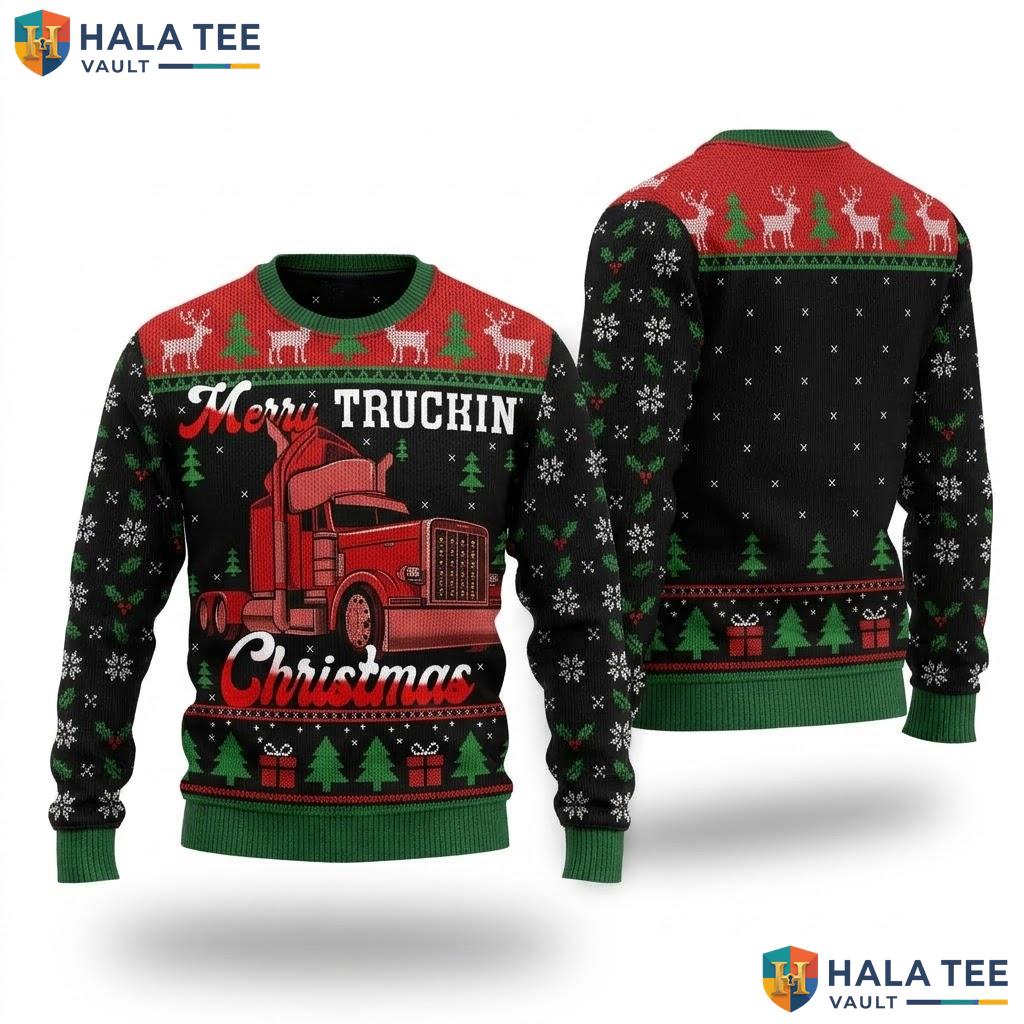 Trucker Truck Driver Ugly Christmas Sweater Merry Trucking Holiday