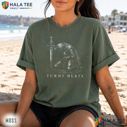 Tummy Hurts Dark Fantasy Retro Style T-Shirt Funny Medieval Knight Top