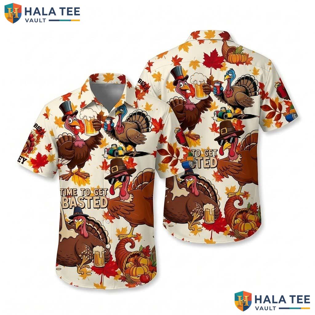 Turkey And Beer Thanksgiving Hawaiian Shirt Fall Leaves Pumpkin Mens
