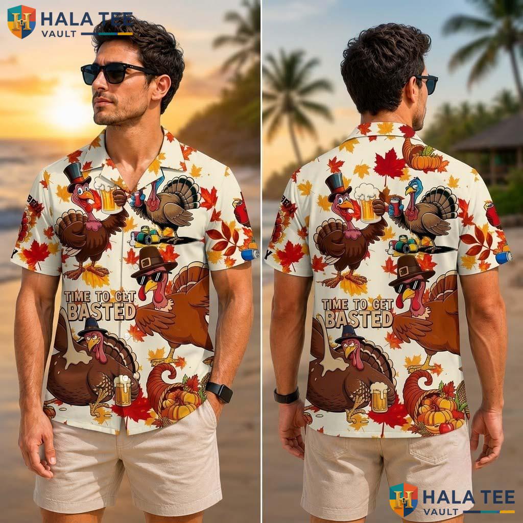 Turkey And Beer Thanksgiving Tropical Shirt Fall Leaves Pumpkin Mens