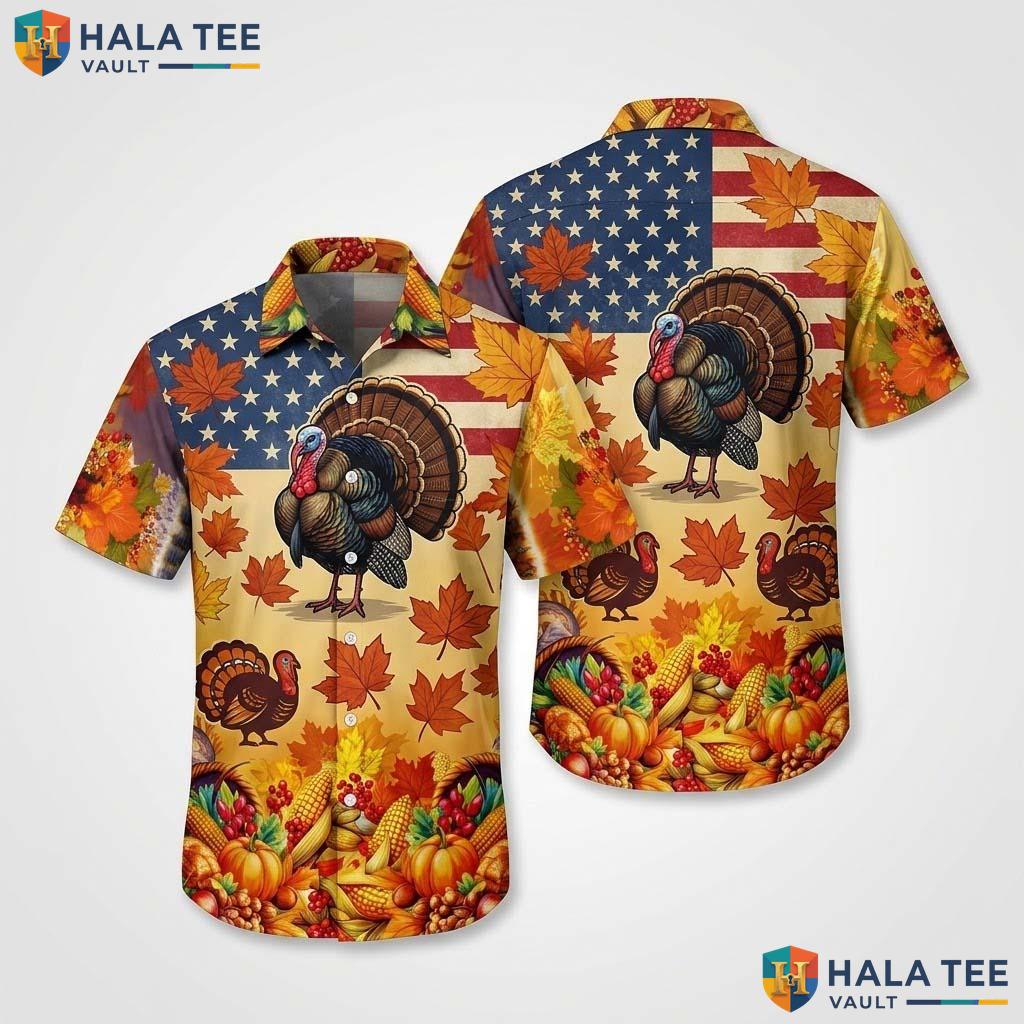 Turkey And Eagle Thanksgiving Hawaiian Shirt Fall Leaves Pumpkin Top