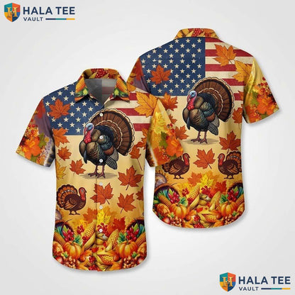 Turkey And Eagle Thanksgiving Hawaiian Shirt Fall Leaves Pumpkin Top