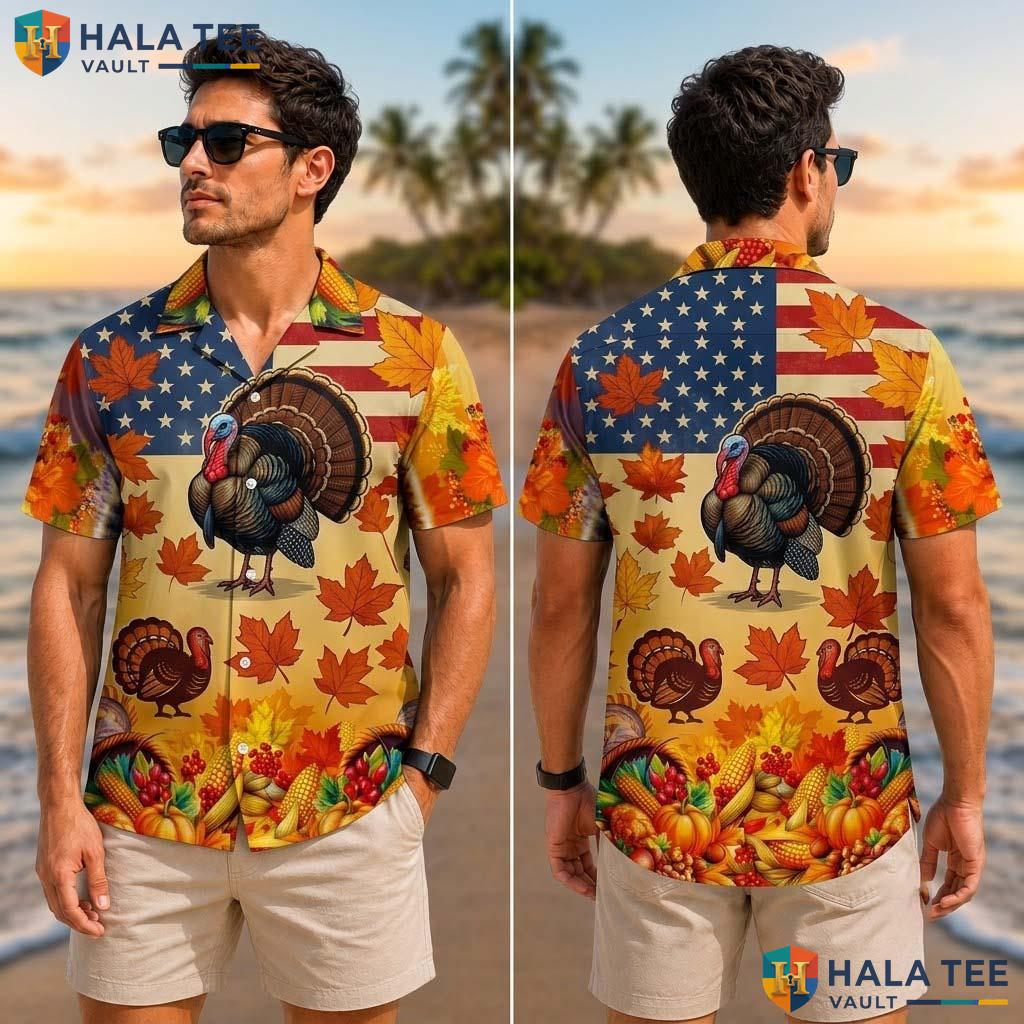 Turkey And Eagle Thanksgiving Tropical Shirt Fall Leaves Pumpkin Top