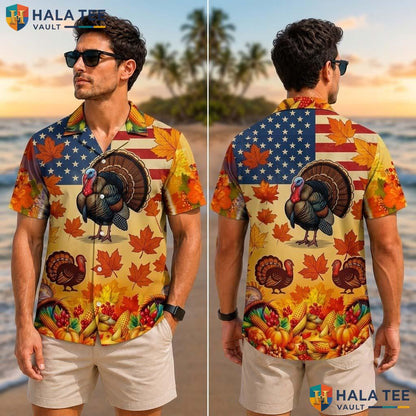 Turkey And Eagle Thanksgiving Tropical Shirt Fall Leaves Pumpkin Top