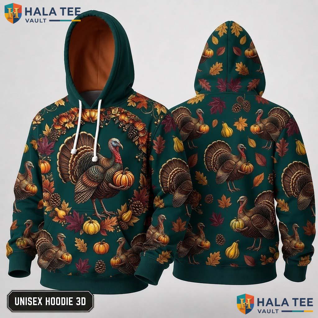 Turkey Autumn Unisex Thanksgiving 3D Hoodie Vintage Pullover Design