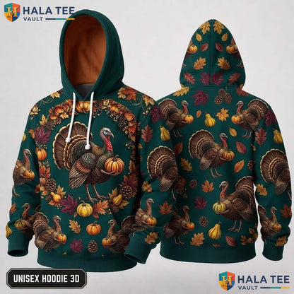 Turkey Autumn Unisex Thanksgiving 3D Hoodie Vintage Pullover Design