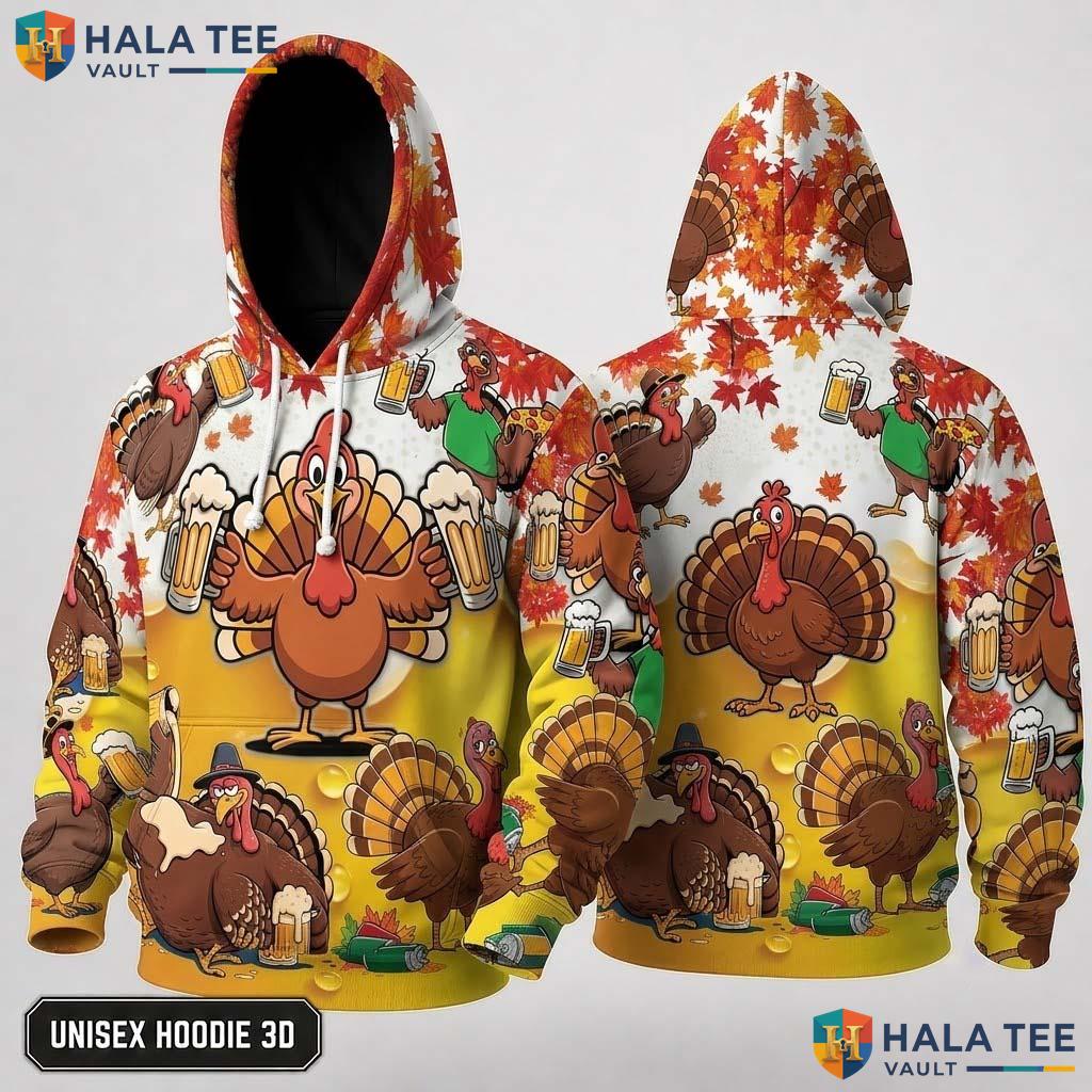 Turkey Beer Mugs Thanksgiving 3D Hoodie Funny Whimsical Autumn Top
