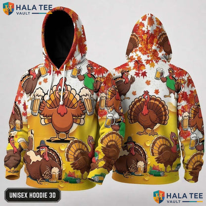 Turkey Beer Mugs Thanksgiving 3D Hoodie Funny Whimsical Autumn Top