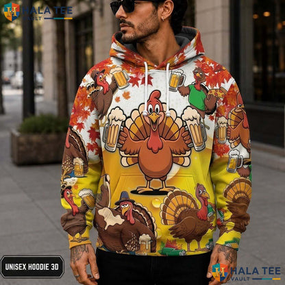 Turkey Beer Mugs Thanksgiving 3D Printed Hoodie Funny Whimsical Autumn Top