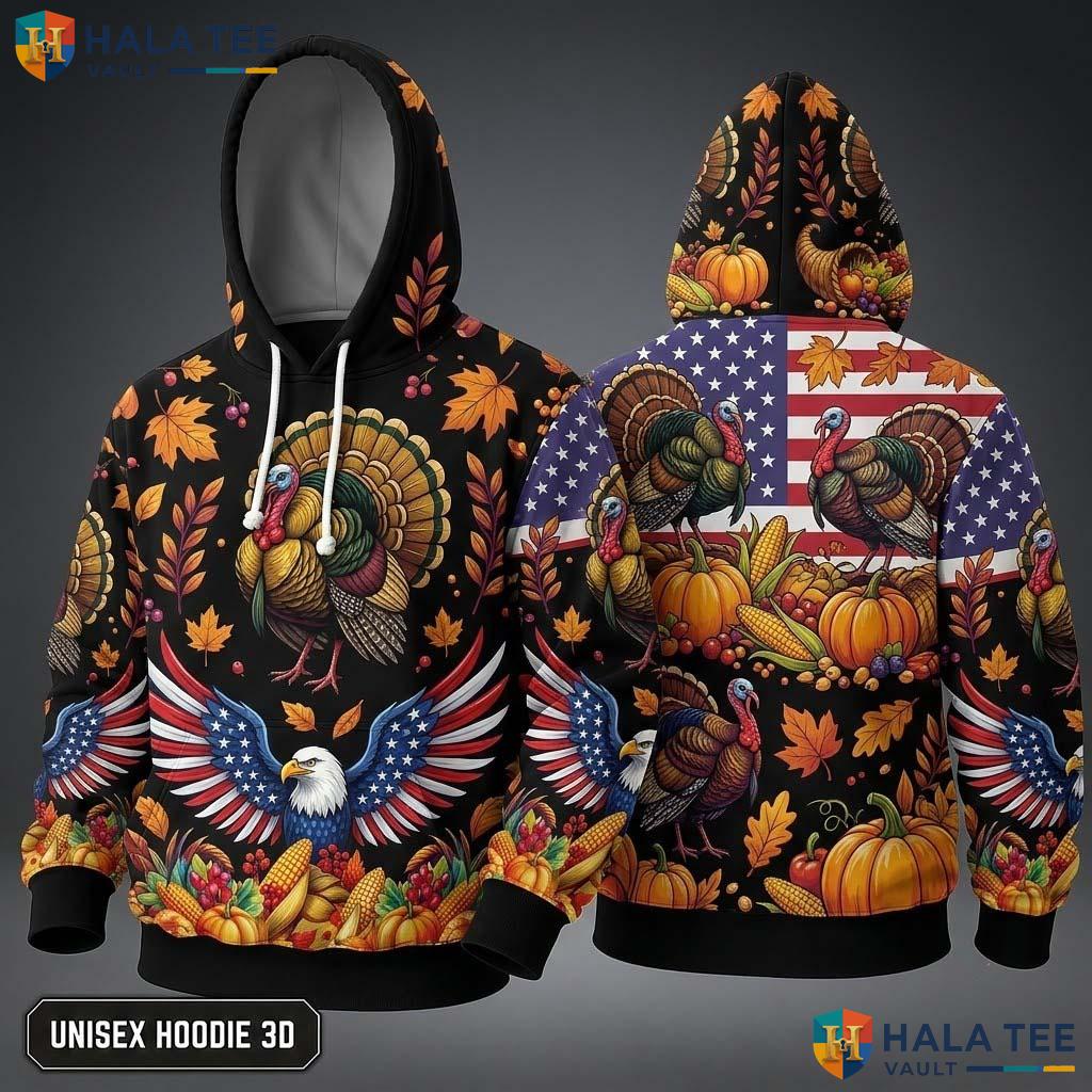 Turkey Eagle Autumn Thanksgiving 3D Hoodie Classic Vibrant Leaves Top