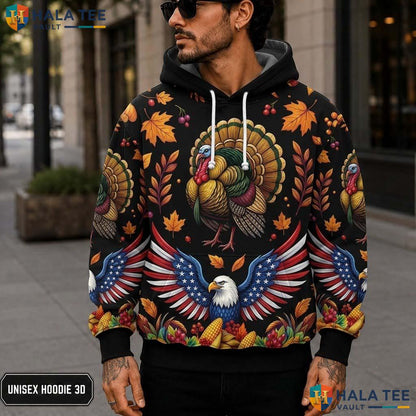 Turkey Eagle Autumn Thanksgiving 3D Printed Hoodie Classic Vibrant Leaves Top
