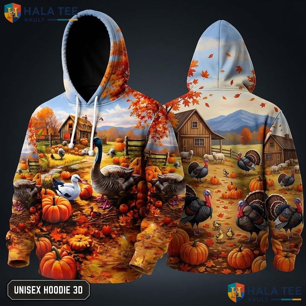 Turkey Foliage Farm Thanksgiving 3D Hoodie Vintage Colorful Pumpkins