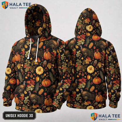 Turkey Leaves Autumn Thanksgiving 3D Hoodie Vintage Festive Pumpkins