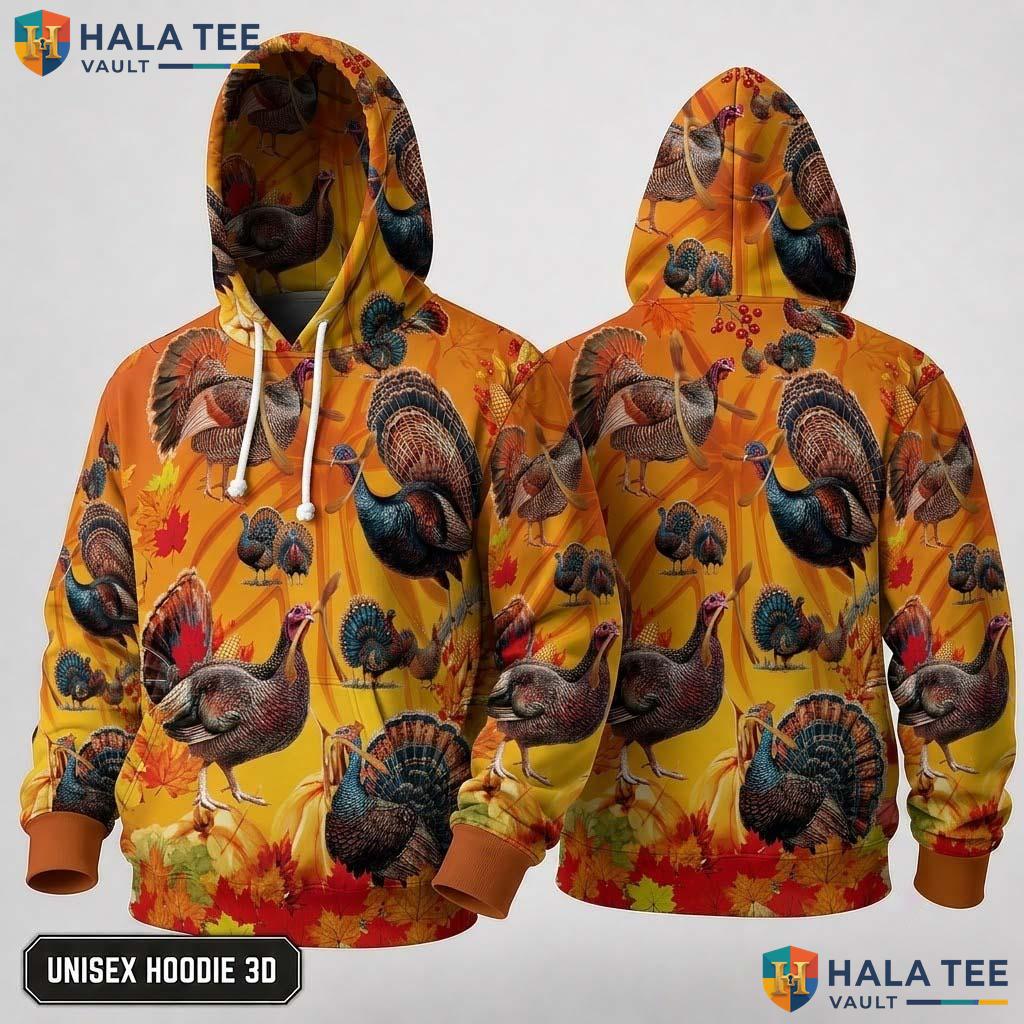 Turkey Leaves Vibrant Thanksgiving 3D Hoodie Vintage Unisex Casual