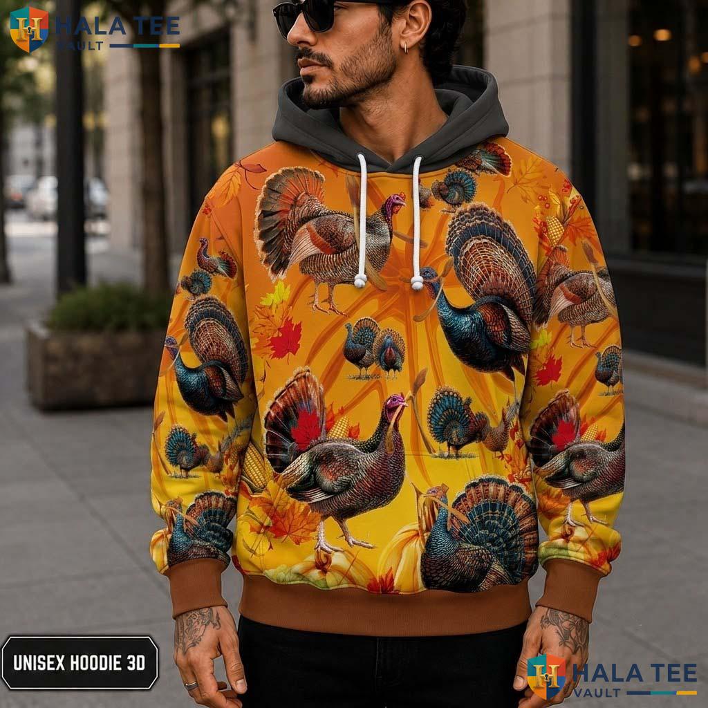 Turkey Leaves Vibrant Thanksgiving 3D Printed Hoodie Vintage Unisex Casual