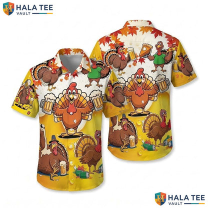 Turkey Thanksgiving Hawaiian Shirt Fall Leaves Pumpkin Button Down Mens