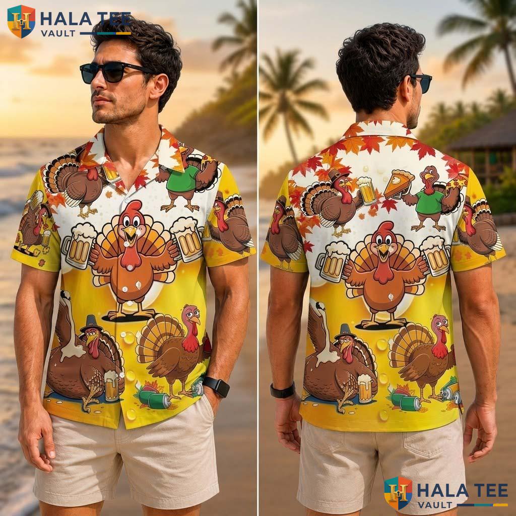 Turkey Thanksgiving Tropical Shirt Fall Leaves Pumpkin Button Down Mens