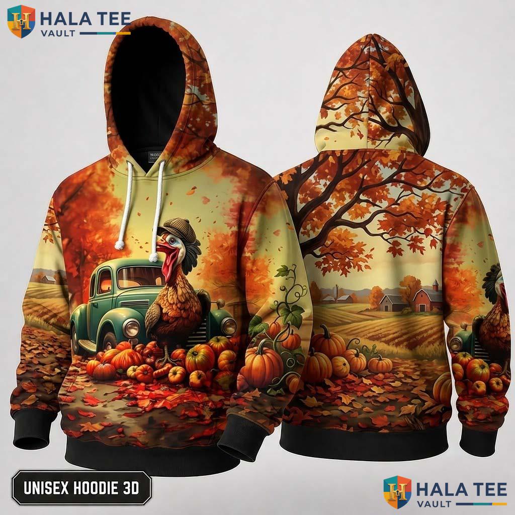 Turkey Vintage Cartoon Thanksgiving 3D Hoodie Playful Autumn Scene Top