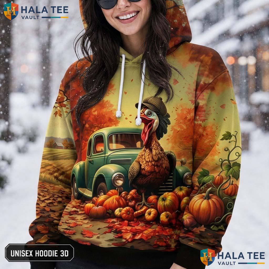 Turkey Vintage Cartoon Thanksgiving 3D Printed Hoodie Playful Autumn Scene Top